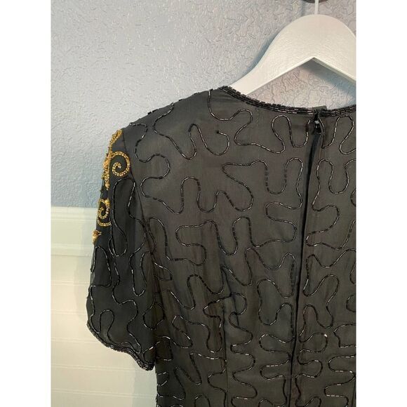 Mark & John By Gopal Black Sheer Beaded Gold Embroidered Dress Medium - Picture 9 of 13